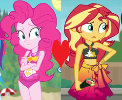 Size: 1129x921 | Tagged: safe, derpibooru import, edit, edited screencap, screencap, pinkie pie, rainbow dash, sci-twi, sunset shimmer, twilight sparkle, human, better together, equestria girls, forgotten friendship, x marks the spot, beach, clothes, cropped, female, food, heart, lesbian, offscreen character, open mouth, pinkie pie swimsuit, shipping, shipping domino, sunsetpie, sushi, swimsuit