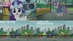 Size: 2000x1125 | Tagged: safe, derpibooru import, edit, edited screencap, editor:quoterific, screencap, maud pie, pinkie pie, rarity, earth pony, pony, unicorn, season 6, the gift of the maud pie, camera, female, magic, male, manehattan, mare, open mouth, stallion, telekinesis