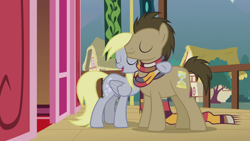 Size: 1920x1080 | Tagged: safe, derpibooru import, screencap, derpy hooves, doctor whooves, earth pony, pegasus, pony, season 5, slice of life (episode), clothes, female, fourth doctor's scarf, hug, male, mare, open mouth, scarf, stallion, tom baker's scarf