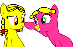 Size: 913x583 | Tagged: safe, artist:sheridandmoore, derpibooru import, earth pony, pony, boop, duo, female, grin, little miss helpful, little miss sunshine, mare, mr. men, mr. men and little miss, noseboop, ponified, simple background, smiling, white background