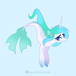 Size: 1536x1536 | Tagged: safe, artist:x-emilytheunicorn-x, derpibooru import, oc, oc only, pony, seapony (g4), unicorn, blue background, blue eyes, female, fins, fish tail, flowing mane, flowing tail, horn, seaponified, simple background, solo, species swap, swimming, tail