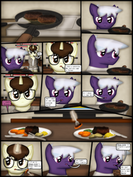 Size: 1750x2333 | Tagged: safe, artist:99999999000, derpibooru import, oc, oc only, oc:cwe, oc:firearm king, pony, comic:visit, clothes, comic, cooking, food, glasses, meat, ponies eating meat