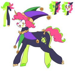 Size: 1200x1143 | Tagged: safe, artist:greenarsonist, derpibooru import, oc, oc only, oc:jesse wisecracker, unicorn, :p, bells, bow, chubby, clown makeup, clown nose, face paint, hat, heterochromia, jester, jester hat, makeup, shorn fetlocks, solo, tongue, tongue out, two toned mane, two toned tail