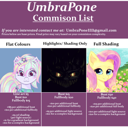 Size: 3000x3000 | Tagged: safe, artist:umbrapone, derpibooru import, oc, oc:bass-beat, advertisement, commission info, fangs, glowing eyes, multicolored hair, starry eyes, wingding eyes