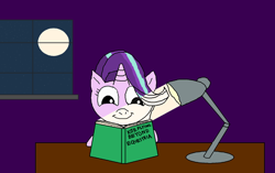 Size: 2000x1257 | Tagged: safe, artist:blazewing, derpibooru import, starlight glimmer, unicorn, 1000 hours in ms paint, atg 2021, book, drawpile, female, lamp, moon, newbie artist training grounds, night, reading, smiling, stars, table, text, that pony sure does love kites, window