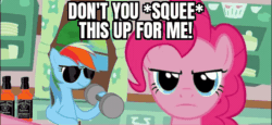 Size: 720x330 | Tagged: safe, artist:alligator tub productions, derpibooru import, edit, pinkie pie, rainbow dash, earth pony, pegasus, pony, angry, animated, bipedal, bipedal leaning, camera abuse, censored, censored vulgarity, cropped, derp, dumbbell (object), epic pie time, female, fourth wall, gif, kitchen, leaning, meme template, sugarcube corner, sunglasses, talking to viewer, weight lifting