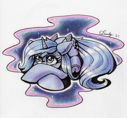 Size: 2684x2502 | Tagged: safe, artist:dandy, derpibooru import, princess luna, tantabus, alicorn, pony, colored pencil drawing, cowering, female, filly, newbie artist training grounds, scared, signature, solo, teary eyes, traditional art, woona, younger