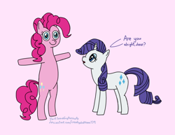 Size: 1234x955 | Tagged: safe, artist:justsomeguypassingby, derpibooru import, pinkie pie, rarity, earth pony, pony, unicorn, atg 2021, bipedal, cutie mark, derp, dialogue, duo, duo female, female, newbie artist training grounds, open mouth, standing, t pose, text