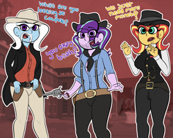 Size: 3000x2400 | Tagged: safe, artist:mrcakesboi, derpibooru import, starlight glimmer, sunset shimmer, trixie, equestria girls, 1890s, 19th century, clothes, female, hat, open mouth, pocket watch, progressive era, red dead redemption 2, shirt, stetson, trio, waistcoat, weapon, wild west