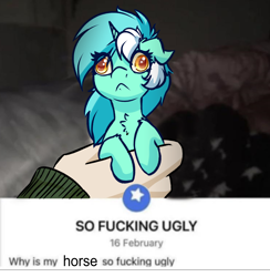 Size: 4000x4102 | Tagged: safe, artist:witchtaunter, derpibooru import, lyra heartstrings, pony, unicorn, :<, chest fluff, derp, ear fluff, ears, faic, frown, funny, holding, irl, l.u.l.s., meme, offscreen character, offscreen human, photo, ponies in real life, ponified, ponified animal photo, ponified meme, solo, vulgar