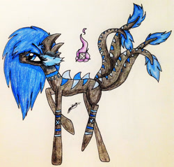 Size: 1899x1814 | Tagged: safe, artist:beamybutt, derpibooru import, oc, oc only, pony, eyelashes, female, mare, multiple tails, raised hoof, raised leg, signature, solo, sombra eyes, traditional art