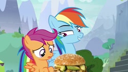 Size: 1024x576 | Tagged: safe, artist:heyitshayburgers, derpibooru import, edit, edited screencap, screencap, rainbow dash, scootaloo, pegasus, pony, the washouts (episode), avocado, chicken sandwich, food, implied cannibalism, implied scootachicken