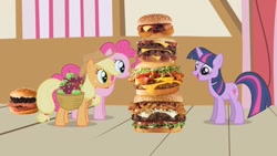 Size: 1280x720 | Tagged: safe, artist:heyitshayburgers, derpibooru import, edit, edited screencap, screencap, applejack, pinkie pie, twilight sparkle, earth pony, pony, unicorn, applebuck season, burger, cheeseburger, food, hamburger, spam oreo burger, western bacon cheeseburger