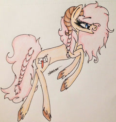 Size: 1654x1733 | Tagged: safe, artist:beamybutt, derpibooru import, pony, braid, braided tail, eyelashes, open mouth, rearing, signature, smiling, solo, traditional art, unshorn fetlocks