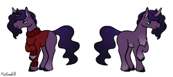 Size: 1750x784 | Tagged: safe, artist:misskanabelle, derpibooru import, oc, oc only, pony, unicorn, clothes, ethereal mane, horn, male, offspring, parent:king sombra, parent:princess luna, parents:lumbra, raised hoof, raised leg, signature, solo, stallion, starry mane, sweater, unicorn oc, unshorn fetlocks