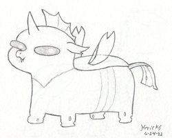 Size: 688x551 | Tagged: safe, artist:hericks, oc, oc only, oc:eronox, changeling, :t, changeling oc, chibi, cute, cuteling, doodle, fangs, grayscale, looking at you, monochrome, ocbetes, solo, squatpony, traditional art