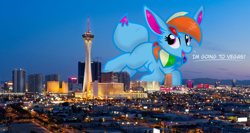 Size: 2710x1440 | Tagged: safe, artist:rainbow eevee, rainbow dash, oc, oc:rainbow eevee, city, cute, dialogue, eevee, excited, female, highrise ponies, irl, las vegas, looking up, nevada, night, open mouth, solo, species swap, stratosphere tower, united states, vacation