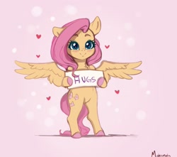 Size: 2656x2348 | Tagged: safe, artist:miokomata, derpibooru import, fluttershy, pegasus, semi-anthro, abstract background, blushing, bronybait, colored hooves, cute, female, freckles, freckleshy, high res, hoof hold, hug request, looking at you, mare, shyabetes, sign, smiling, smiling at you, solo, spread wings, wings