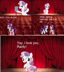 Size: 695x781 | Tagged: safe, derpibooru import, rarity, spoiled rich, sweetie belle, earth pony, pony, unicorn, one bad apple, bipedal, comic, crying, female, filly, mare, sibling love, singing, sisterly love, sitting, stage