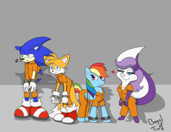 Size: 1017x786 | Tagged: safe, artist:bageloftime, derpibooru import, rainbow dash, bound wings, clothes, cuffed, cuffs, fifi la fume, frustrated, heart, loony tunes, miles "tails" prower, prison outfit, prisoner, prisoner rd, smiling, sonic the hedgehog, sonic the hedgehog (series), varying degrees of want, wings