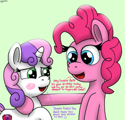 Size: 2123x2029 | Tagged: safe, artist:darkyboode32, derpibooru import, pinkie pie, sweetie belle, earth pony, pony, unicorn, blushing, cutie mark, duo, female, filly, happy, hoof hold, mare, open mouth, simple background, talking, text, the cmc's cutie marks