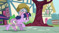 Size: 720x405 | Tagged: safe, derpibooru import, screencap, amethyst star, berry punch, berryshine, carrot top, daisy, diamond mint, flower wishes, golden harvest, lemon hearts, linky, lyra heartstrings, shoeshine, sparkler, spike, twilight sparkle, unicorn twilight, dragon, earth pony, pony, unicorn, season 1, the ticket master, animated, background pony, chase, dust cloud, eyes closed, female, flower, gif, male, open mouth, ponyville, running, stampede, teeth