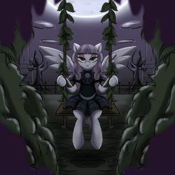 Size: 2000x2000 | Tagged: safe, artist:darksly, derpibooru import, inky rose, pegasus, pony, atg 2021, braid, clothes, darkness, dress, female, goth, leaf, looking at you, mare, newbie artist training grounds, night, sitting, spread wings, swing