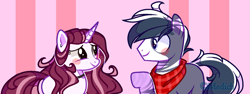 Size: 1725x647 | Tagged: safe, artist:mediasmile666, derpibooru import, oc, oc only, earth pony, pony, unicorn, abstract background, blushing, duo, female, looking at each other, male, mare, raised hoof, raised leg, stallion