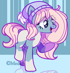 Size: 1537x1598 | Tagged: safe, artist:mediasmile666, derpibooru import, oc, oc only, earth pony, pony, abstract background, coat markings, female, hat, mare, open mouth, raised hoof, raised leg, smiling, solo