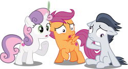 Size: 3411x1848 | Tagged: safe, alternate version, artist:frownfactory, artist:slb94, derpibooru import, edit, editor:slayerbvc, rumble, scootaloo, sweetie belle, earth pony, pegasus, unicorn, colt, cutie mark, derp, dizzy, ears, earth pony rumble, female, filly, floppy ears, male, oops, race swap, raised hoof, raised leg, shocked, simple background, sitting, smoking horn, the cmc's cutie marks, transparent background, vector, vector edit, what has magic done