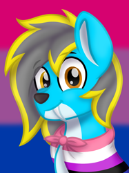 Size: 1020x1367 | Tagged: safe, artist:froyo15sugarblast, derpibooru import, oc, original species, pony, wolf, wolf pony, bisexual, bisexual pride flag, cape, clothes, genderfluid, genderfluid pride flag, heterochromia, looking at you, mixed breed, pride, pride flag, pride month, sabertooth pony, smiling, smiling at you, solo