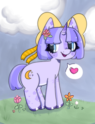 Size: 1000x1300 | Tagged: safe, artist:rabidmomento, derpibooru import, oc, oc:moonlight meadow, pony, unicorn, bow, cloud, flower, flower in hair, full body, grass, happy, heart, scenery, shading, sky, smiling, solo, standing