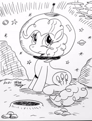 Size: 2606x3404 | Tagged: safe, artist:debmervin, derpibooru import, pinkie pie, earth pony, black and white, earth, grayscale, monochrome, moon, sad, space