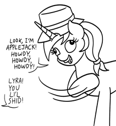 Size: 794x864 | Tagged: safe, artist:mkogwheel, derpibooru import, lyra heartstrings, pony, unicorn, black and white, countryisms, derp, female, grayscale, hat, howdy, l.u.l.s., mare, monochrome, offscreen character, simple background, solo, the far side, toy story, white background