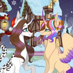 Size: 1000x1000 | Tagged: safe, artist:sia.brony, derpibooru import, oc, oc only, alicorn, pony, alicorn oc, bedroom eyes, building, christmas, curved horn, duo, female, hat, holiday, horn, mare, night, outdoors, raised hoof, raised leg, santa hat, smiling, snow, stars, two toned wings, wings