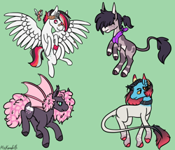 Size: 1750x1500 | Tagged: safe, artist:misskanabelle, derpibooru import, oc, oc only, bat pony, earth pony, pegasus, pony, bat pony oc, bat wings, collar, colored hooves, earth pony oc, green background, hair over eyes, leonine tail, neckerchief, pegasus oc, rearing, signature, simple background, spread wings, wings