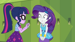 Size: 1920x1075 | Tagged: safe, derpibooru import, screencap, rarity, sci-twi, twilight sparkle, better together, equestria girls, holidays unwrapped, o come all ye squashful, rarity peplum dress