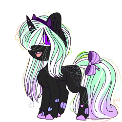 Size: 1000x1000 | Tagged: safe, anonymous artist, derpibooru import, oc, oc:star pierce, demon, demon pony, unicorn, blank flank, bow, bracelet, butt freckles, chest fluff, colored, cute, ear fluff, ears, fangs, female, filly, flat colors, freckles, gradient mane, gradient tail, headband, horn, jewelry, looking at you, open mouth, simple background, slit eyes, spots, unshorn fetlocks, white background