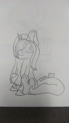 Size: 2340x4160 | Tagged: safe, anonymous artist, derpibooru import, oc, oc:star pierce, demon, demon pony, unicorn, bow, fangs, female, filly, freckles, headband, horn, looking at you, sitting, slit eyes, spots, traditional art