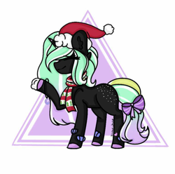 Size: 800x794 | Tagged: artist needed, safe, derpibooru import, oc, oc:star pierce, demon, demon pony, unicorn, bow, bracelet, butt freckles, christmas, clothes, ear fluff, ears, female, filly, freckles, gradient mane, gradient tail, hat, holiday, horn, jewelry, santa hat, scarf, signature, snow, snowball, spots, unshorn fetlocks