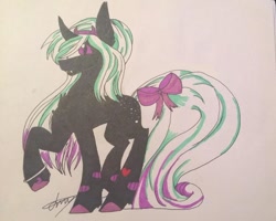 Size: 960x767 | Tagged: safe, anonymous artist, derpibooru import, oc, oc:star pierce, demon, demon pony, unicorn, blank flank, bow, bracelet, butt freckles, chest fluff, ear fluff, ears, fangs, female, filly, freckles, headband, horn, jewelry, looking at you, signature, slit eyes, spots, traditional art, unshorn fetlocks