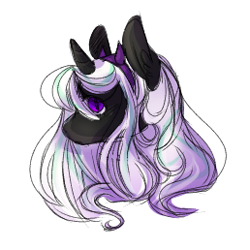 Size: 258x258 | Tagged: artist needed, safe, derpibooru import, oc, oc:star pierce, demon, demon pony, unicorn, bow, bust, ear fluff, ears, fangs, female, filly, gradient mane, gradient tail, headband, horn, no mouth, portrait, slit eyes