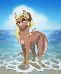 Size: 1800x2200 | Tagged: safe, artist:joan-grace, derpibooru import, oc, oc:nymeria, original species, shark, shark pony, beach, female, horns, solo