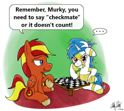 Size: 1080x971 | Tagged: safe, artist:ebbysharp, derpibooru import, oc, oc only, oc:gold dust, oc:murky, pegasus, pony, unicorn, ..., chess, female, game, speech bubble