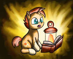 Size: 1280x1024 | Tagged: safe, artist:saburodaimando, derpibooru import, sunburst, pony, unicorn, atg 2021, blaze (coat marking), book, coat markings, colt, colt sunburst, facial markings, lantern, male, newbie artist training grounds, reading, socks (coat marking), solo, younger