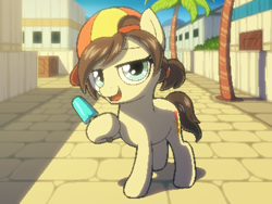 Size: 800x600 | Tagged: safe, artist:rangelost, derpibooru import, oc, oc only, oc:tattle tail, earth pony, cap, cyoa, cyoa:d20 pony, earth pony oc, female, filly, hat, looking at you, offscreen character, palm tree, pixel art, solo, story included, town, tree