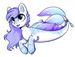 Size: 1280x989 | Tagged: safe, artist:cloud-fly, derpibooru import, oc, oc only, hybrid, merpony, seapony (g4), art trade, blue eyes, dorsal fin, fins, fish tail, flowing mane, flowing tail, open mouth, purple mane, simple background, smiling, solo, tail, transparent background