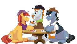 Size: 1280x732 | Tagged: safe, artist:itstechtock, derpibooru import, pony, card, clothes, cowboy hat, hat, jacket, jade spade oc, playing card, scarf, shirt, simple background, table, transparent background, vest