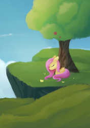 Size: 988x1394 | Tagged: safe, artist:dusthiel, derpibooru import, fluttershy, pony, atg 2021, newbie artist training grounds, solo, tree