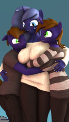 Size: 1080x1920 | Tagged: safe, artist:kowalskicore, derpibooru import, oc, oc only, oc:galahad lazuli, oc:katharina lazuli, oc:midnight music, anthro, unicorn, 3d, breasts, hug, size difference, source filmmaker, wholesome